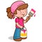 Girl painting with a paint brush and a bucket. Vector illustration