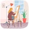 Girl is painting still life. Woman transfers image of branches with flowers in vase to canvas