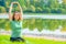 Girl performs stretching exercises back muscles