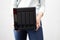 girl person hold in hands portable office or home data nas server. device for backup important information. copy space.