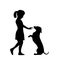 Girl petting a dachshund. Dog and people walking silhouette icon
