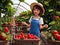 girl picking strawberries in the strawberry greenhouse. generate AI