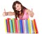 Girl with pile book showing thumb up.