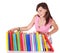 Girl with pile colored book.