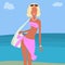 Girl in a pink beach suit on a sea background