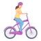 Girl on pink bike icon cartoon vector. Happy travel