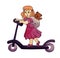 A girl in a pink dress with a backpack and a teddy bear rides a purple scooter