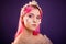 girl with pink hair and professional make-up sea princess with starfish and shells on her face and head