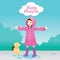 Girl In Pink Raincoat Stretch Arms Happily In The Rain With Her