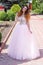 Girl in pink wedding dress