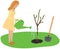 The girl planted a tree and watered from a sprinkler.