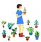 Girl with plants - florist or gardener, flat vector illustration