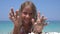 Girl Playing on Beach, Kid Portrait Smiling on Seashore, Blonde Child Playing in Sand by Sea Waves, Children in Summer Vacation