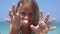 Girl Playing on Beach, Kid Portrait Smiling on Seashore, Blonde Child Playing in Sand by Sea Waves, Children in Summer Vacation