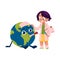 Girl playing doctor with Globe, Earth planet character