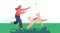 Girl Playing with Dog Outdoors. Little Child Character Play with Pet Throwing Ball. Kid Spend Time with Fluffy Friend