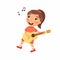 Girl playing guitar and singing song flat vector illustration. Young female cartoon character holding musical instrument and danci