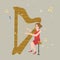 Girl playing harp musical instrument with string melody illustration
