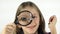Girl Playing with Magnifier Glass, Kid Make Faces at School, Funny Child Eyes in Eyeglasses, Happy Children Education