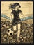 A girl playing soccer, relief print linocut style folk art illustration