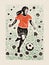 A girl playing soccer, relief print linocut style folk art illustration