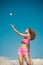 Girl playing tennis. Happy active female workout. Beautiful attractive fitness woman. Tennis concept. Sport and healthy