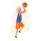 The girl plays basketball, throws the ball. Flat design concept with cute kid playing ball. Vector illustration on a