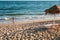 Girl plays on beach Praia Falesia near Albufeira