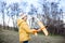 Girl plays with a toy airplane