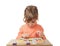 Girl plays in wooden figures in form of numerals