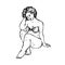 Girl plus size sitting in bikini, hand drawn doodle, drawing in gravure style