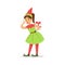 Girl In Pointy Shoes With Gift Dressed As Santa Claus Christmas Elf For The Costume Holiday Carnival Party