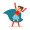 Girl With Ponytail Pretending To Have Super Powers Dressed In Superhero Costume With Blue Cape Smiling Character