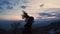 Girl ponytail waving as she runs in the mountain. Mountain peaks with beautiful sunset sky