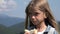 Girl Portrait Eating Sandwich in Mountains, Hungry Child at Picnic in Camping 4K