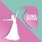 Girl power banner with punchy pastel colors pink and light blue and silhouette paper cut art lady.