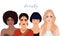 Girl Power. Female diverse faces of different ethnicity. Women empowerment movement. Isolated illustration in vector.