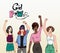 Girl power, Feminism concept. Different young modern girls with hands up. Colorful illustration.
