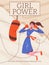 Girl power poster design. Young woman training box vector cartoon illustration