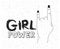 Girl power poster text and hand making horns signal in silhouette black over white background with sparkles