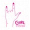 Girl power poster text and hand making horns signal in silhouette magenta