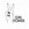 Girl power poster text and hand making victory sign in black silhouette over white background with sparkles