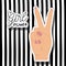 Girl power poster text and hand in skin color sticker making victory signal on vertical striped background
