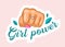 Girl Power with Raised Female Fist with Manicure and Heart Tattoo on Finger. Feminist Slogan, International Women Day