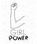 Girl power text with female right arm silhouette over white background with sparkles