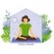 The girl practices yoga at home. Remote sports on online lessons from the Internet. Social distance. Stay home during the coronavi