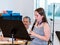 Girl practicing flute playing at a lesson in the music class in