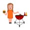 Girl preparing a sausage on a barbecue grill