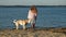 Girl preschool girl  playing with a brown labrador dog on the beach. Spring or cold summer