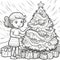 A girl, presents and a Christmas tree. Black and white coloring sheet. Xmas tree as a symbol of Christmas of the birth of the